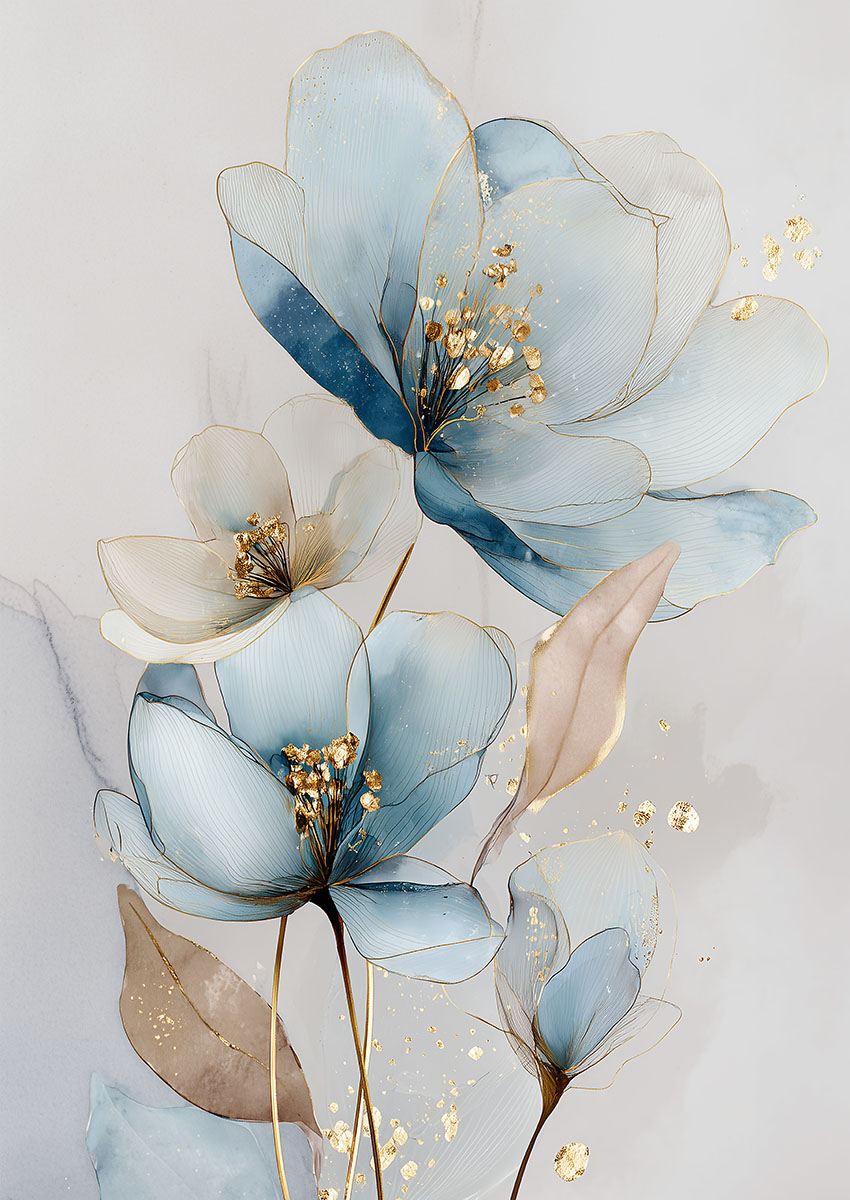Elegant artwork of dreamy blue flowers with gold accents on a light background.